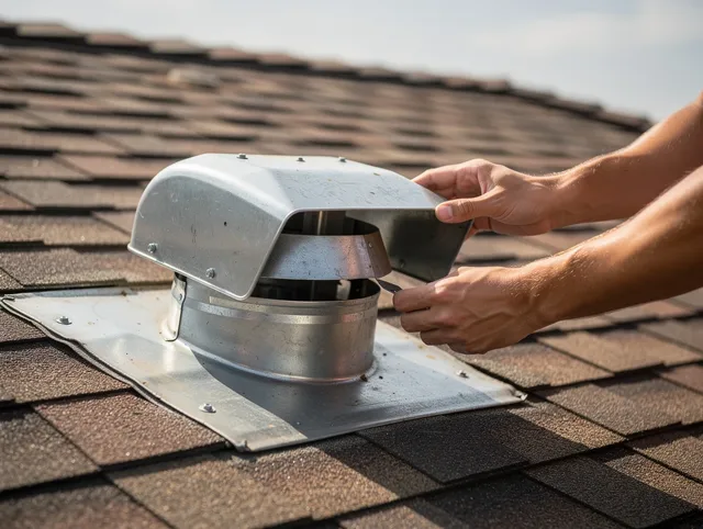 West Warwick Dryer Vent Cleaning certified technician safely cleaning a roof-mounted dryer vent in West Warwick