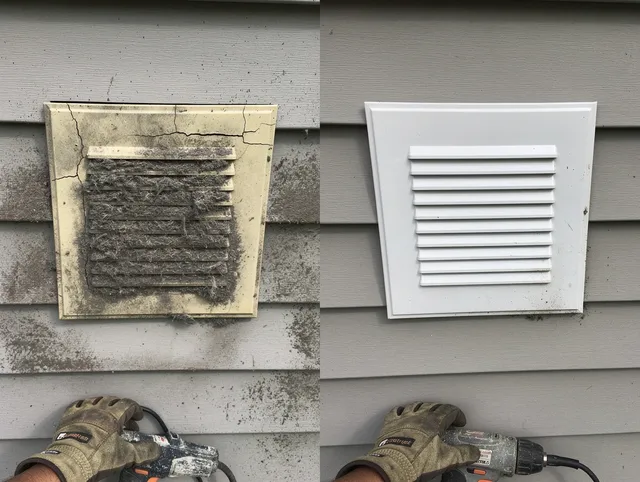 West Warwick Dryer Vent Cleaning technician installing high-quality dryer vent cover at a residential property in West Warwick