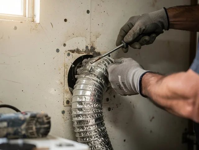 West Warwick Dryer Vent Cleaning technician performing precise dryer vent hose installation in West Warwick